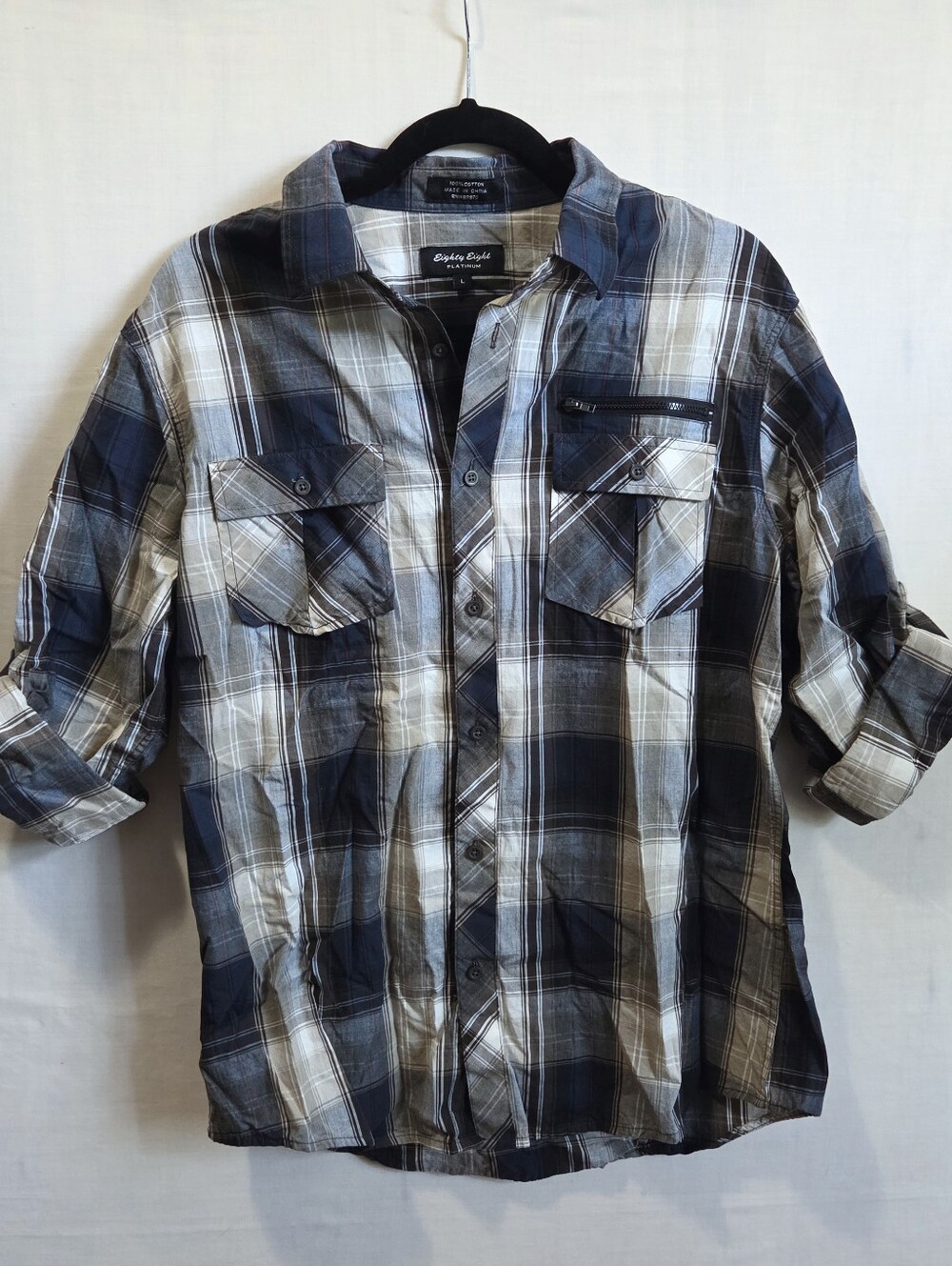 Eighty Eight Blue Tan Flannel Long Sleeve Button Up L